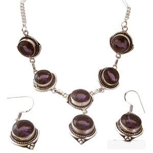 Hand crafted Amethyst Neckace & Earrings set 925 silver plated